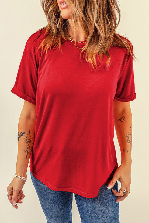 Soft Stretch Solid Crew Neck Rolled Cuff Relaxed Tee